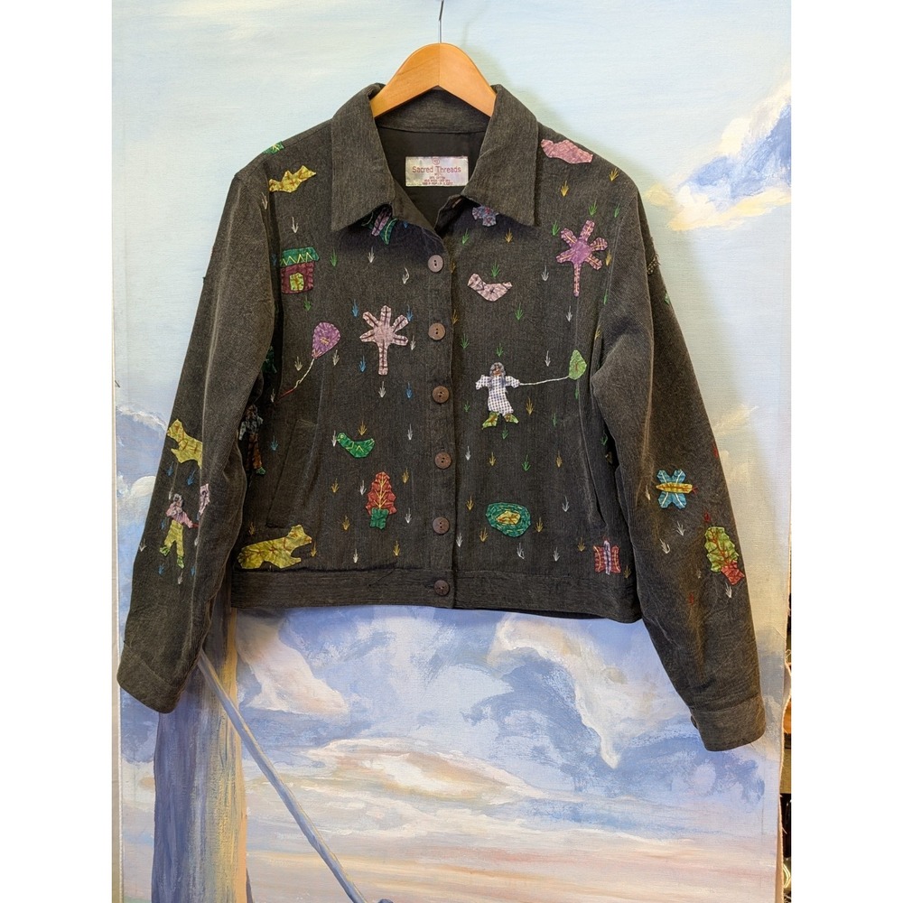 Sacred Threads Jacket Sz M/L Embroidered Applique Corduroy People Animals Boho